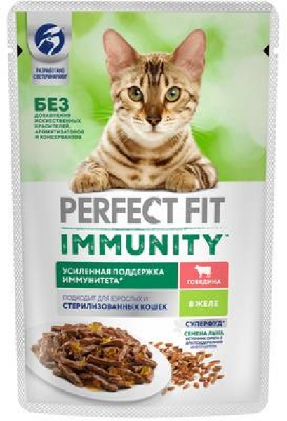 Perfect Fit влажный корм для поддержания иммунитета кошек, с говядиной в желе, с добавлением семян льна