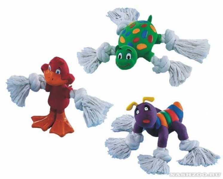 Фигурки зверей из латекса с пищалкой , лапы игрушек заканчиваются веревочными узлами.