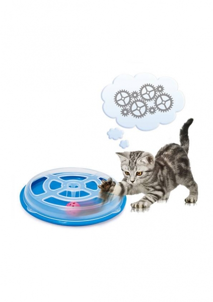 Стационарная игрушка для кошек с шариком , произвольно катающимся внутри круглого корпуса с отверстиями для лап. 