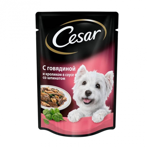 CESAR влажный корм для взрослых собак, говядина с кроликом и шпинатом в соусе