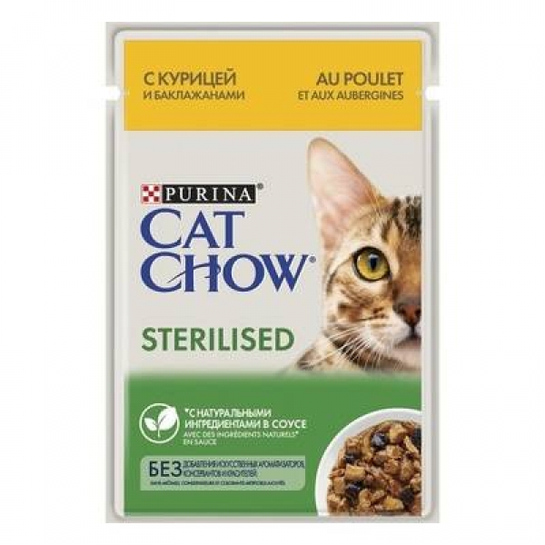 Cat Chow паучи для стерилизованных кошек: Кусочки в соусе с курицей и баклажанами