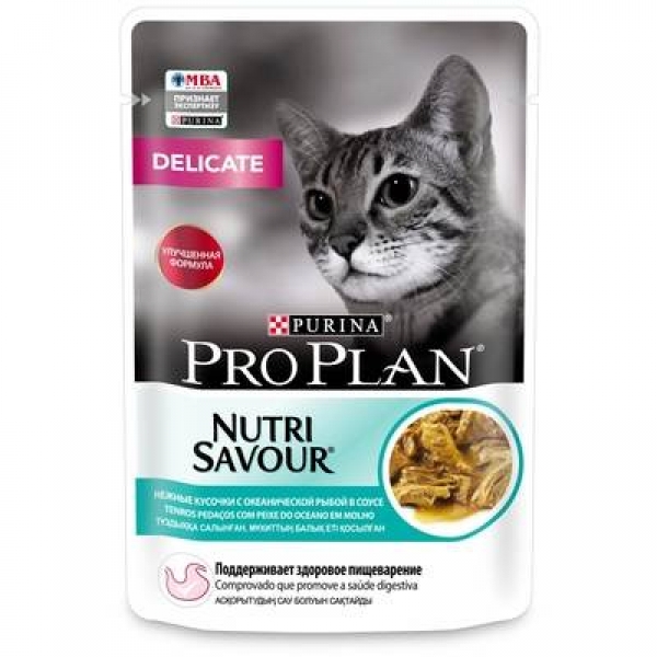 Purina Pro Plan для взрослых кошек с чувствительным пищеварением или с особыми предпочтениями в еде, с океанической рыбой в соусе