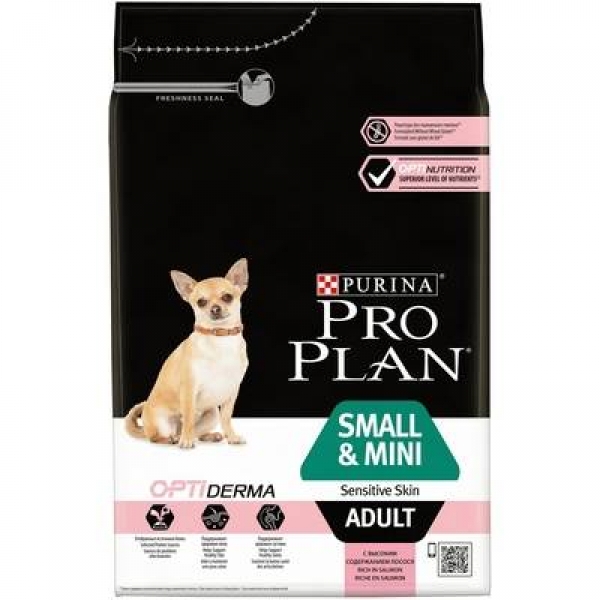 Purina Pro Plan для взрослых собак мелких и карликовых пород с чувствительной кожей, с высоким содержанием лосося