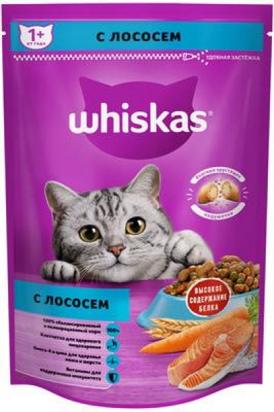 Whiskas сухой корм для взрослых кошек «Подушечки с паштетом. Обед с лососем