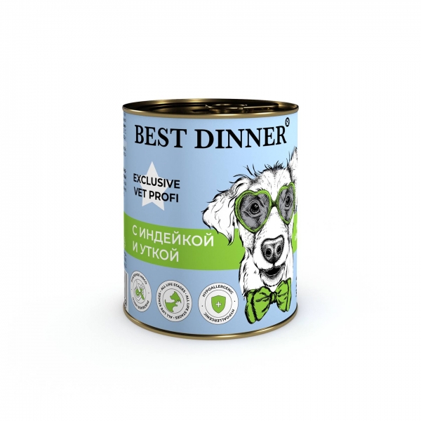 BEST DINNER Hypoallergenic/КОНСЕРВЫ для профилактики пищевой аллергии у взрослых собак и щенков/РУЛЕННАЯ ИНДЕЙКА С УТКОЙ