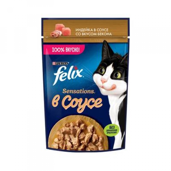 Felix Влажный корм для взрослых кошек, с индейкой в соусе со вкусом бекона