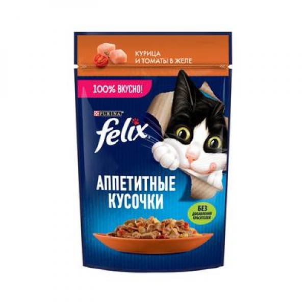 Felix Влажный корм Аппетитные кусочки для взрослых кошек, с курицей и томатами в желе