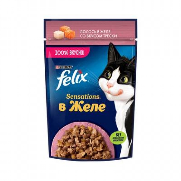 Felix влажный корм для взрослых кошек, с лососем в желе с добавлением трески