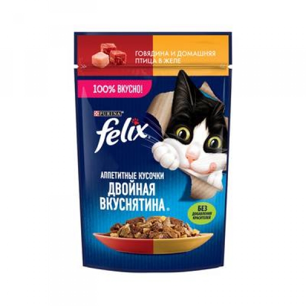 Felix влажный корм Аппетитные кусочки, Двойная вкуснятина для взрослых кошек, с говядиной и домашней птицей, в желе