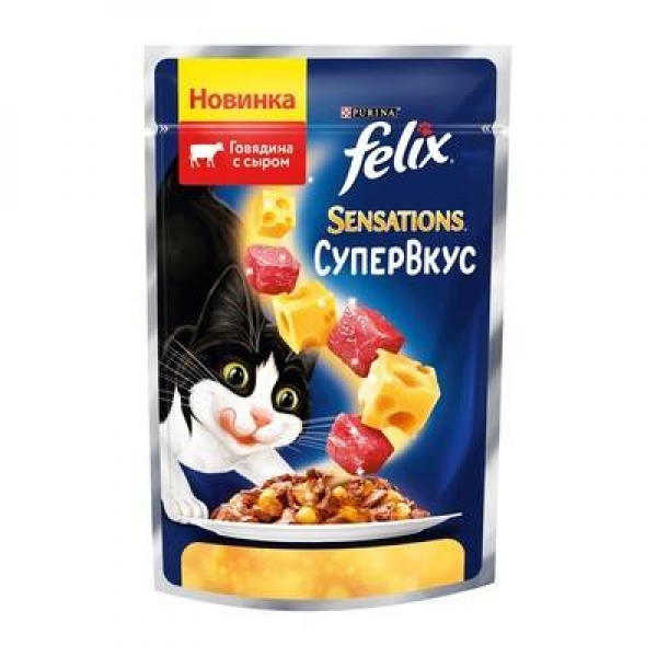 Felix Влажный корм Супервкус для взрослых кошек, со вкусом говядины и сыра, в желе