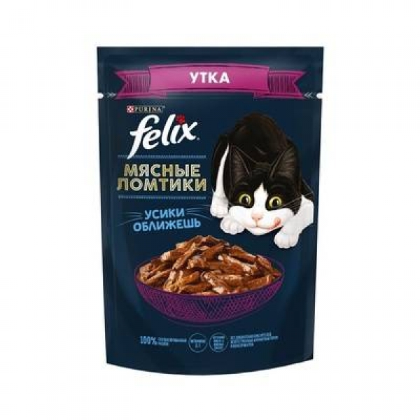 Felix Мясные ломтики, консервированный полнорационный корм для взрослых кошек, с уткой