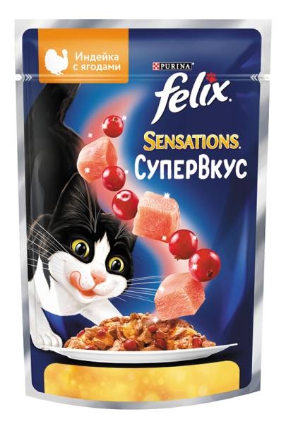 Felix Sensations Супервкус для взрослых кошек, со вкусом индейки и ягод, в желе