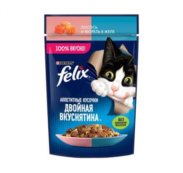 Felix Влажный корм Аппетитные кусочки, Двойная Вкуснятина для взрослых кошек, с лососем и форелью, в желе
