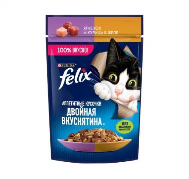 Felix влажный корм Аппетитные кусочки, Двойная Вкуснятина для взрослых кошек, с ягненком и курицей, в желе