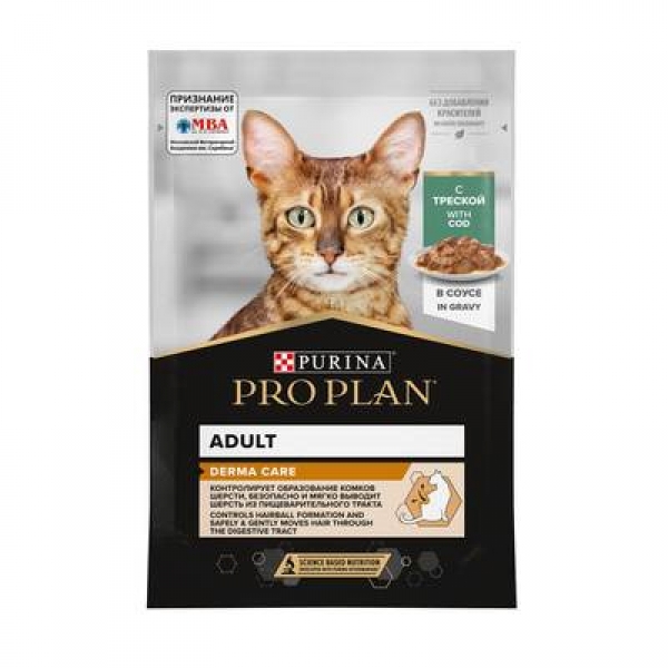 Purina Pro Plan для взрослых кошек с чувствительной кожей, нежные кусочки с треской, в соусе