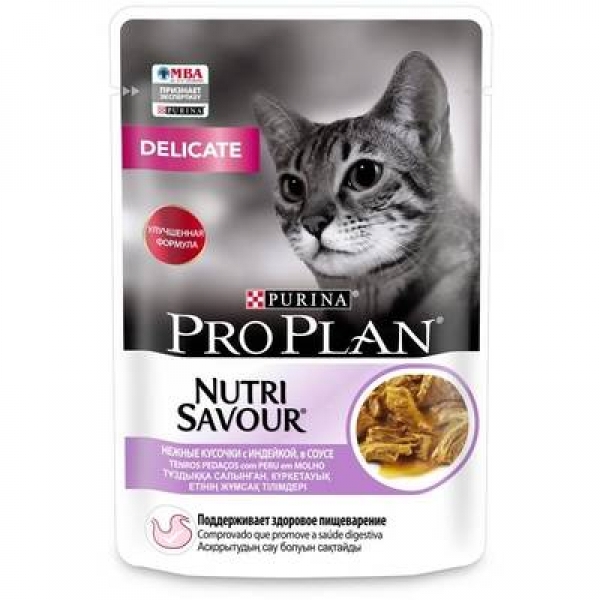 Purina Pro Plan для взрослых кошек с чувствительным пищеварением или особыми предпочтениями в еде, с индейкой в соусе