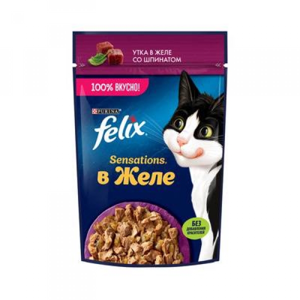 Felix Влажный корм для взрослых кошек, с уткой в желе со шпинатом