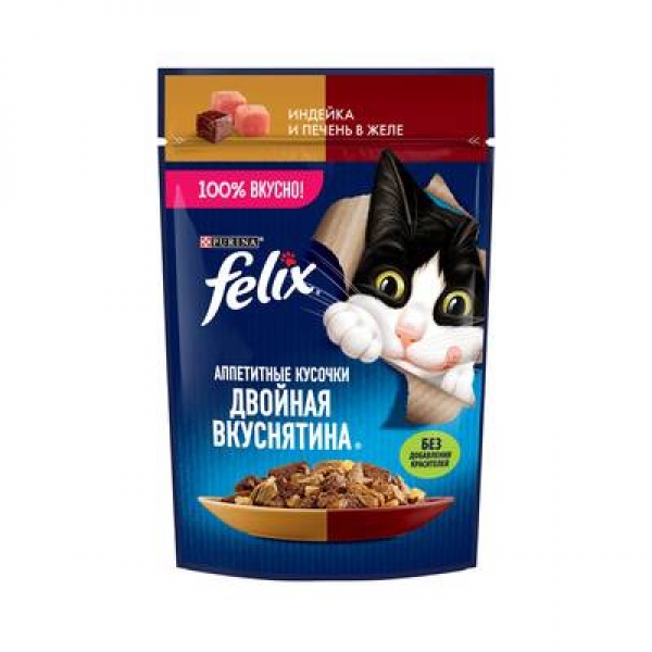 Felix Влажный корм Аппетитные кусочки, Двойная Вкуснятина для взрослых кошек, с индейкой и печенью, в желе