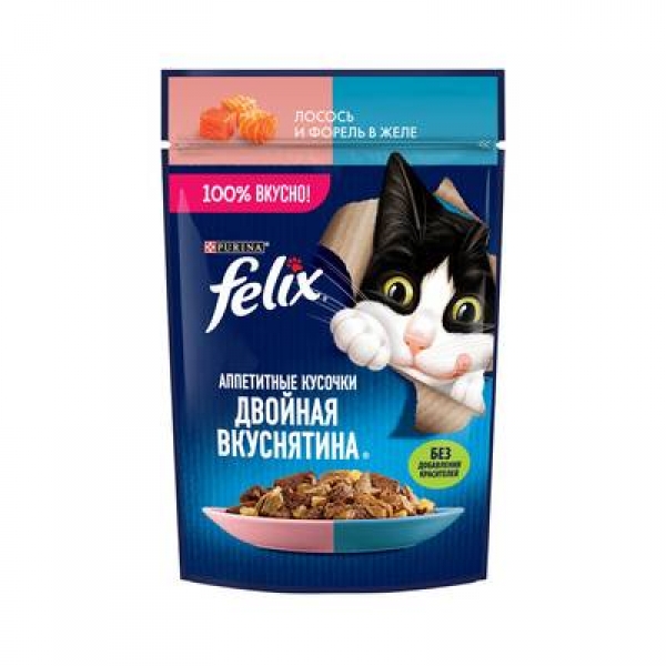 Felix Влажный корм Аппетитные кусочки, Двойная Вкуснятина для взрослых кошек, с лососем и форелью, в желе